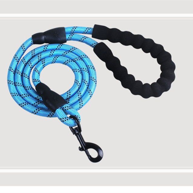 Dog leash rope set with blue braided cord and black handle loop and metal clasp