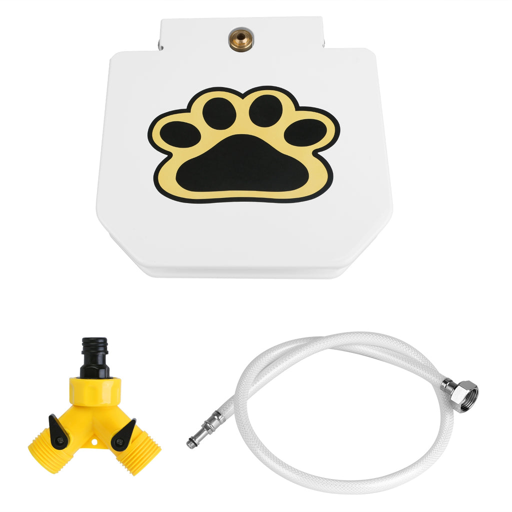 White dog water fountain housing with paw print and connected white hose