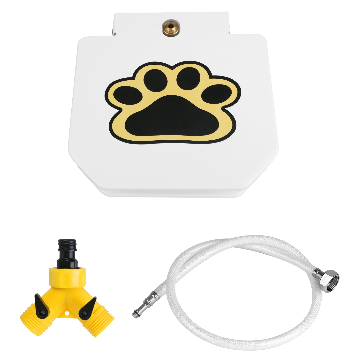 White dog water fountain housing with paw print and connected white hose