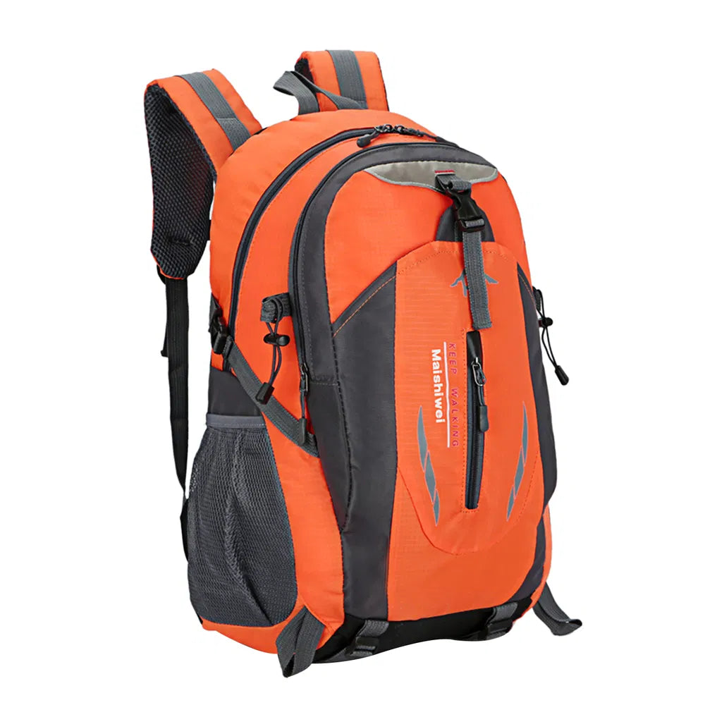 Orange and gray hiking daypack with front zip pocket, padded straps, side attachment
