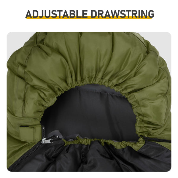 Heated sleeping bag opening with adjustable drawstring and zippered inner panel