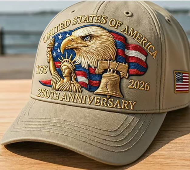 Khaki baseball cap with embroidered eagle and 250th Anniversary, side flag patch
