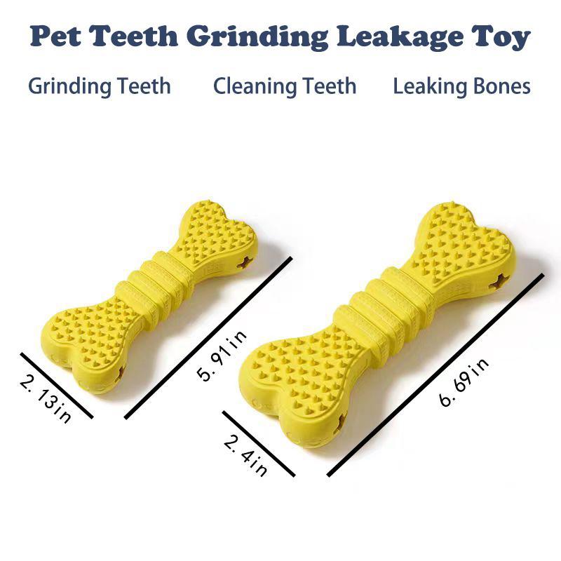 Pair of yellow textured pet dental chew bones with ridges and size measurements