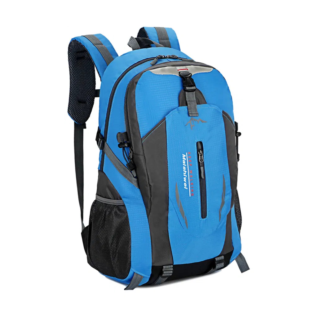 Blue and black hiking daypack with front zip pocket, padded straps, side attachment loops