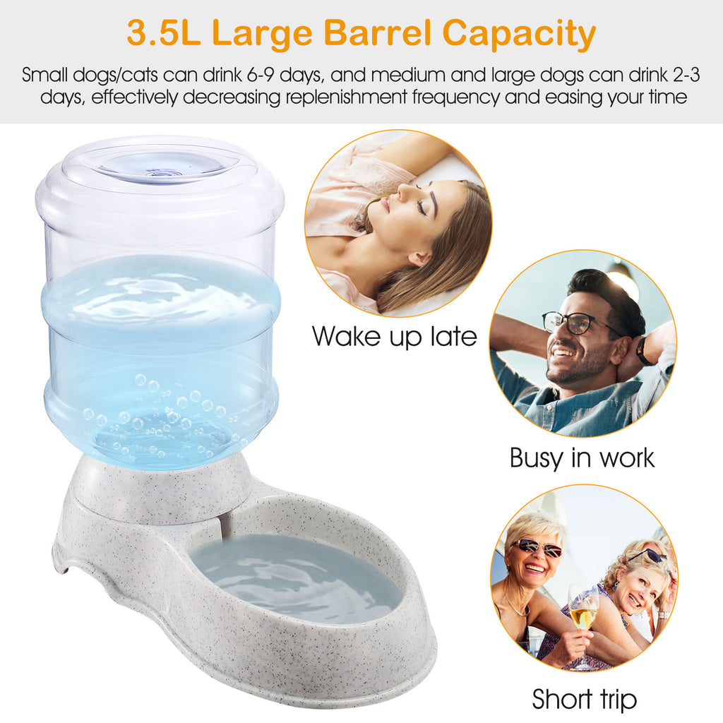 Large gravity pet water dispenser with clear 3.5L reservoir and light gray stand