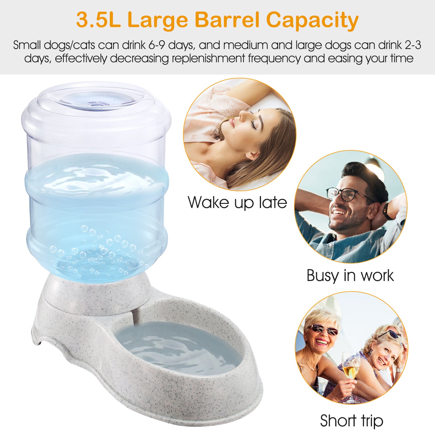 Large gravity pet water dispenser with clear 3.5L reservoir and light gray stand