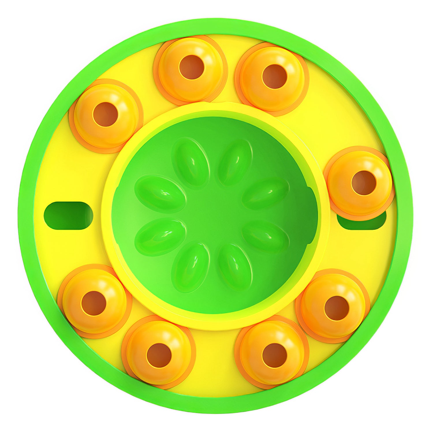 Green and yellow slow-feeder dog puzzle bowl with paw-print center and orange cups