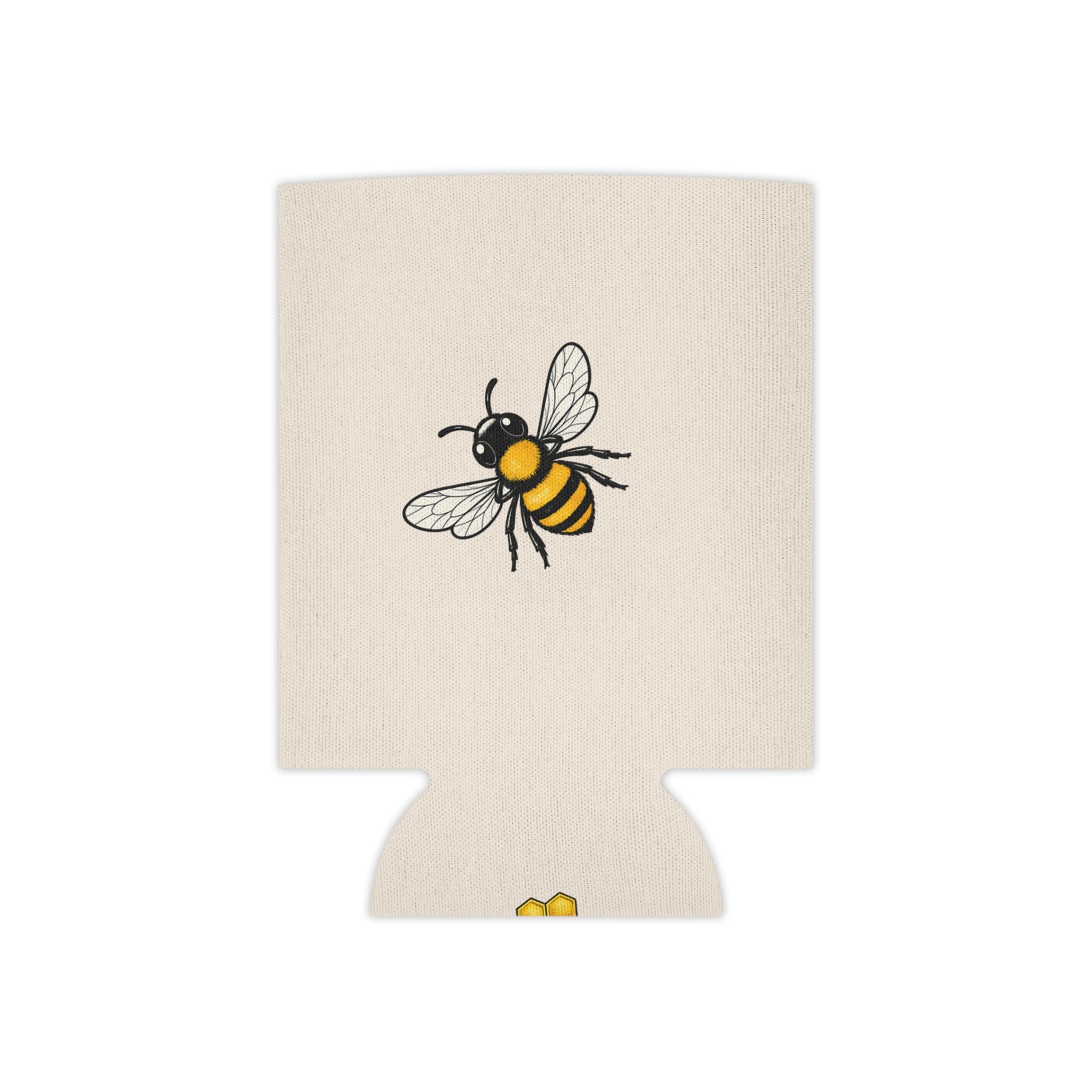 Cream can cooler with black-and-yellow bee illustration and base side cutouts
