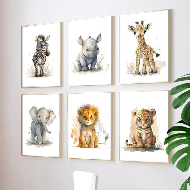 Framed animal wall art prints with zebra, rhino, giraffe, elephant, lion, and tiger