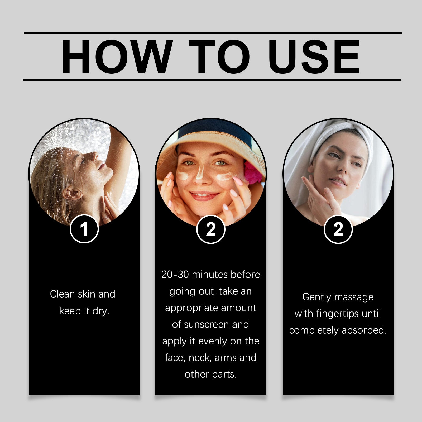 How to use SPF 30 sunscreen: clean skin, apply evenly, then gently massage