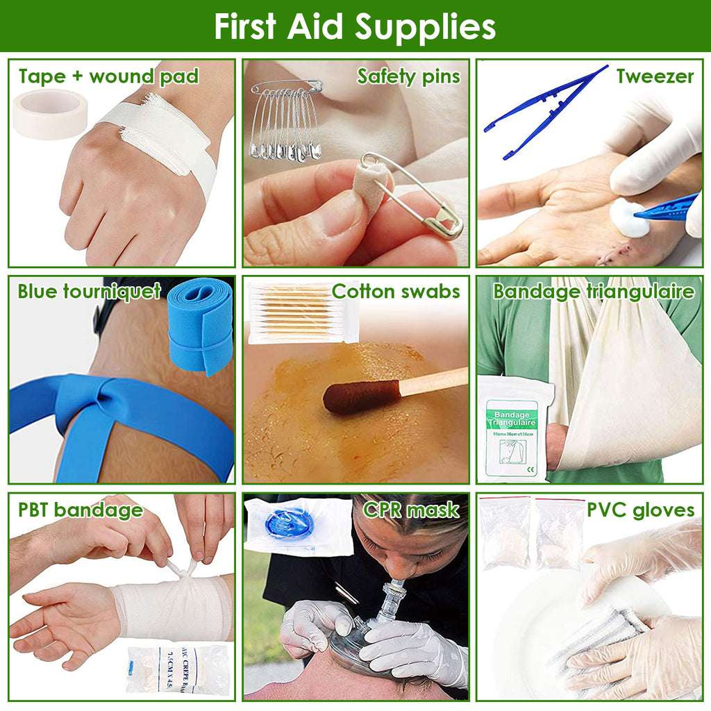 First aid supply set with tape, wound pad, safety pins, tweezers, bandage, and gloves