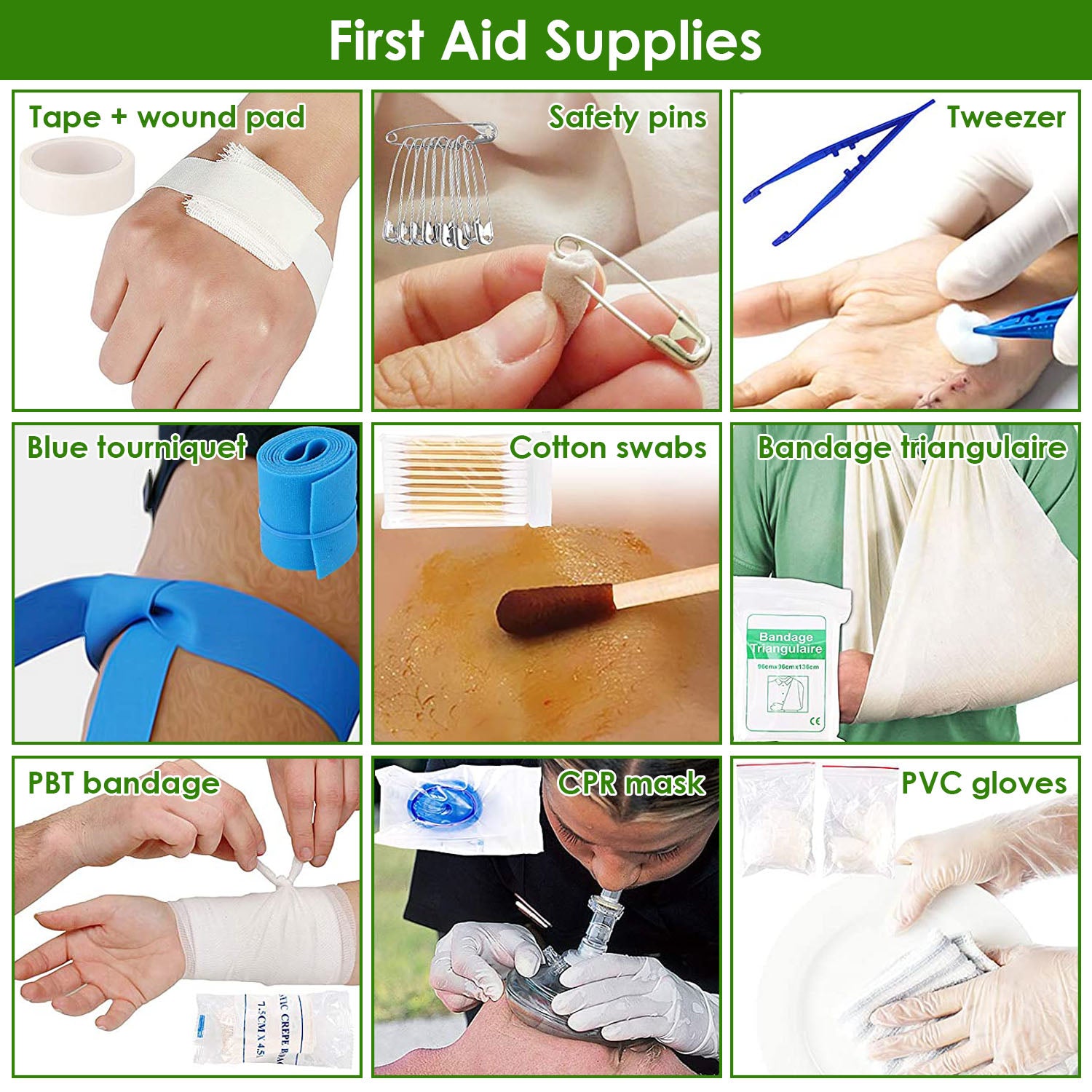First aid supply set with tape, wound pad, safety pins, tweezers, bandage, and gloves