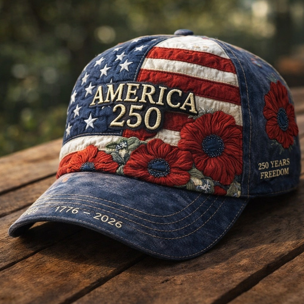 Denim blue baseball cap with “AMERICA 250,” red flowers, and “1776–2026” text