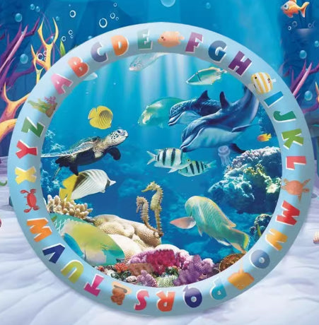 Inflatable water cooling bed: round ocean ice pad with alphabet border, sharks, and fish