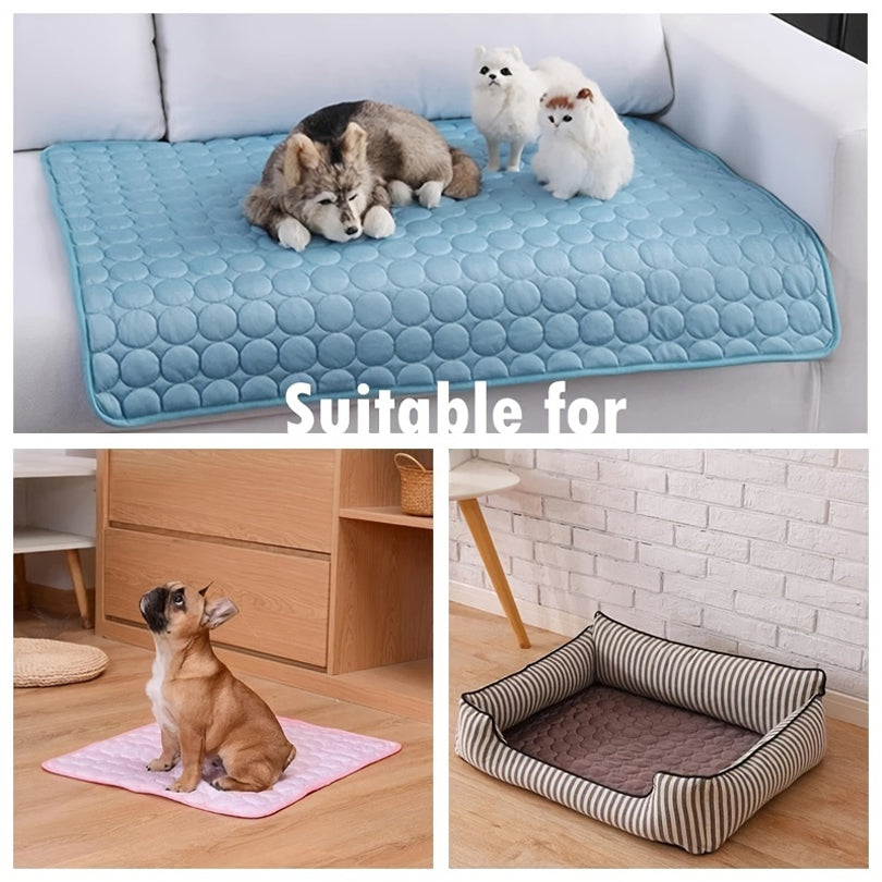 Blue cooling pet mat on couch, textured hex surface with two dogs