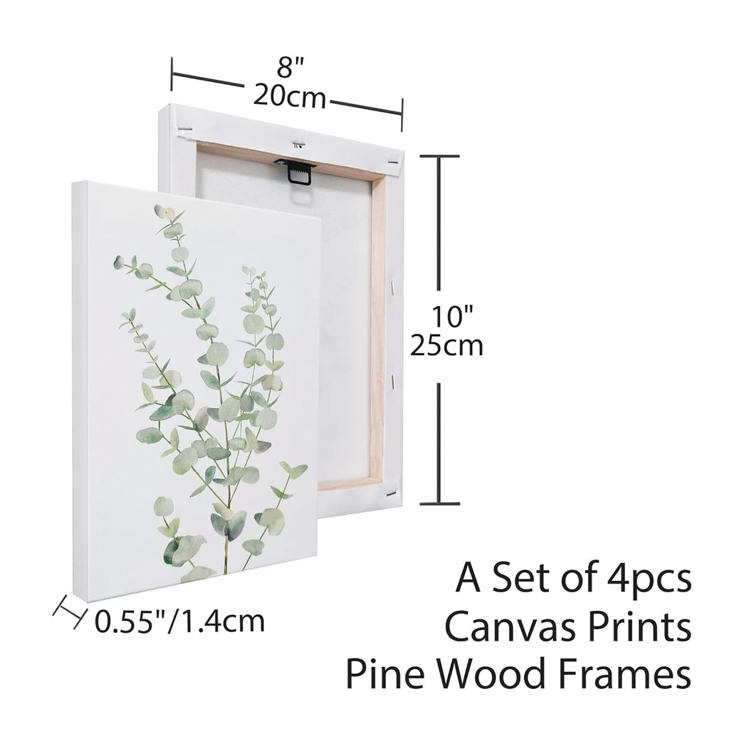 Framed botanical leaf canvas print with pine wood frame and dimension marks