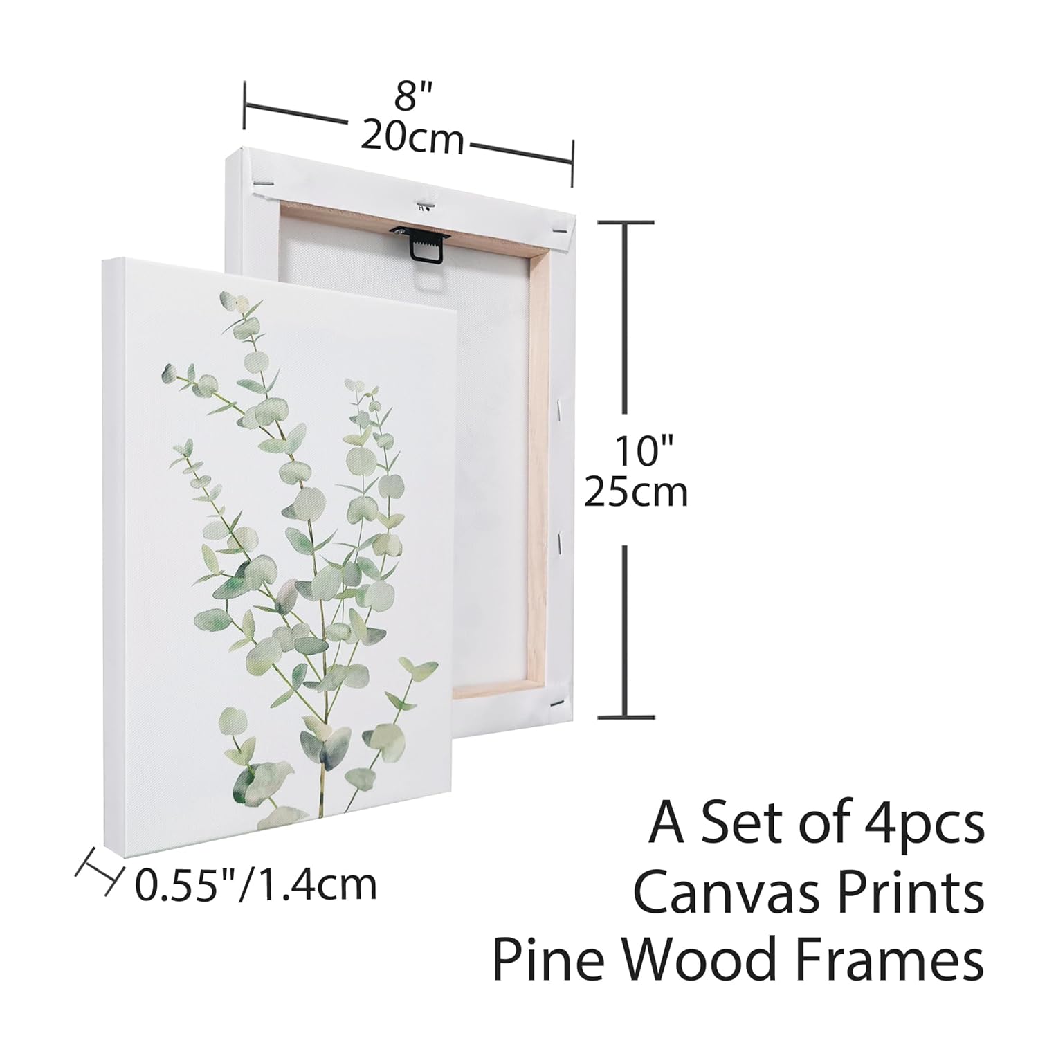 Framed botanical leaf canvas print with pine wood frame and dimension marks