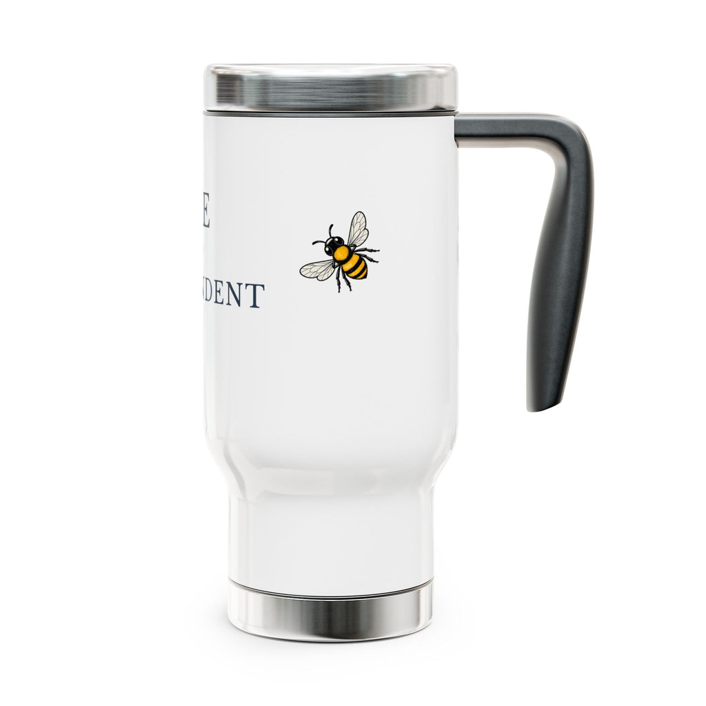 White stainless steel travel mug with black handle and bee graphic