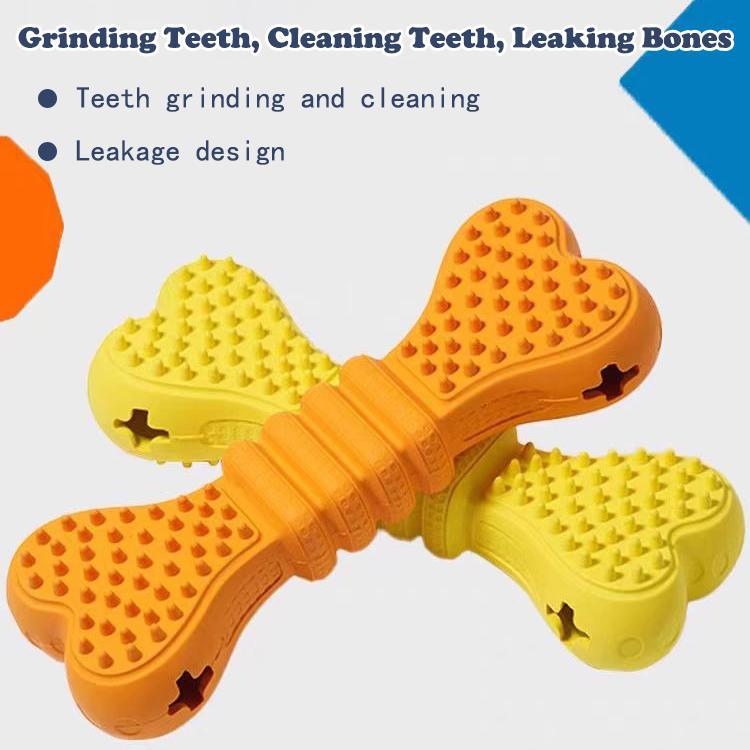 Textured dog dental chew bone in orange, yellow, and green with bite-ready ridges