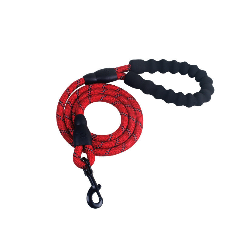 Dog leash rope with red braided cord, black end hardware, and black grip loop