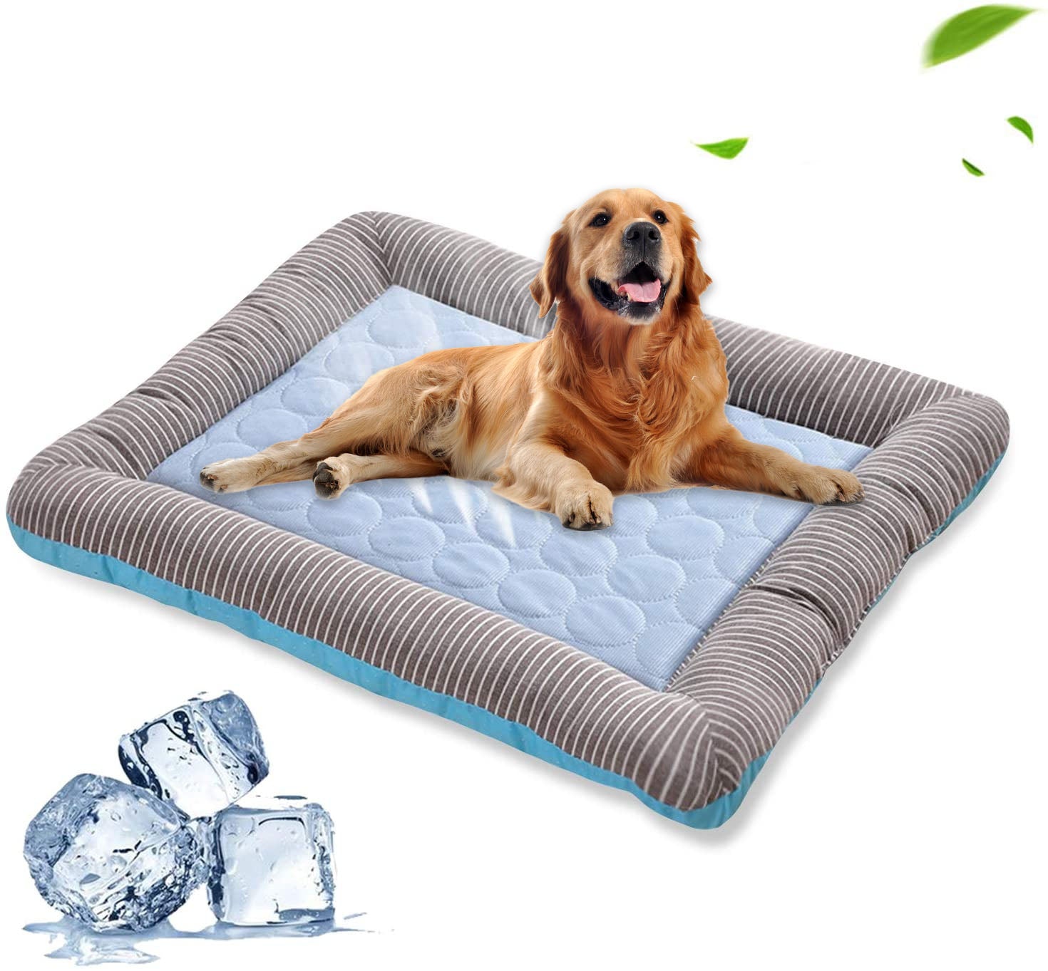 Pet cooling pad bed, blue quilted mat with gray striped frame and padded sides