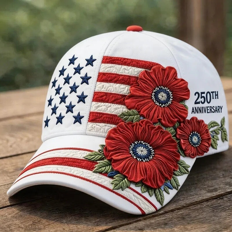 White baseball cap with stars-and-stripes patch and red 3D floral embroidery, “250th Anniversary”