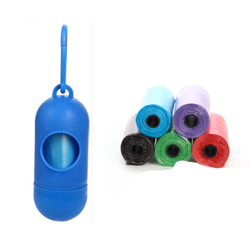 Blue dog waste bag dispenser with five colorful waste bag rolls, including red and black