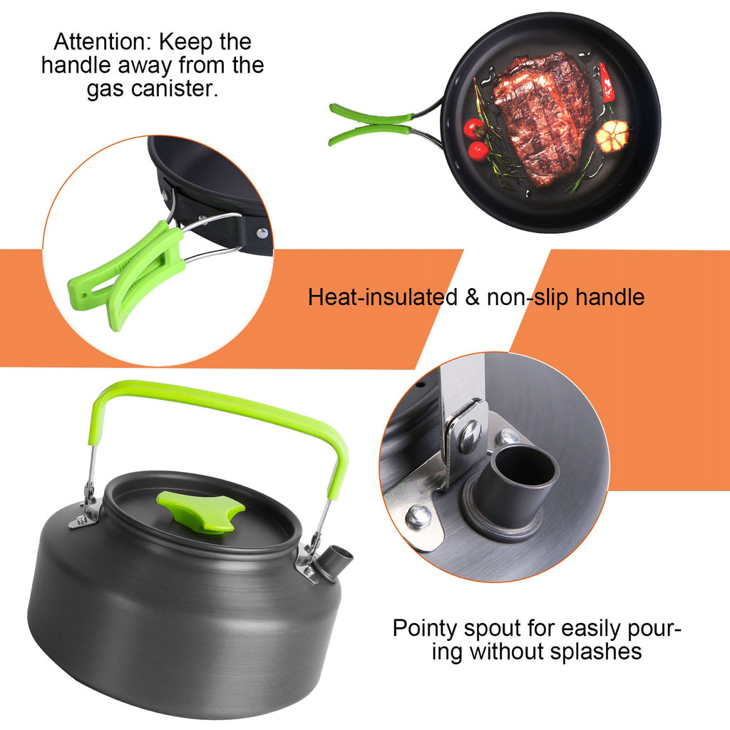 Heat-insulated kettle with green non-slip handle and pointed pour spout