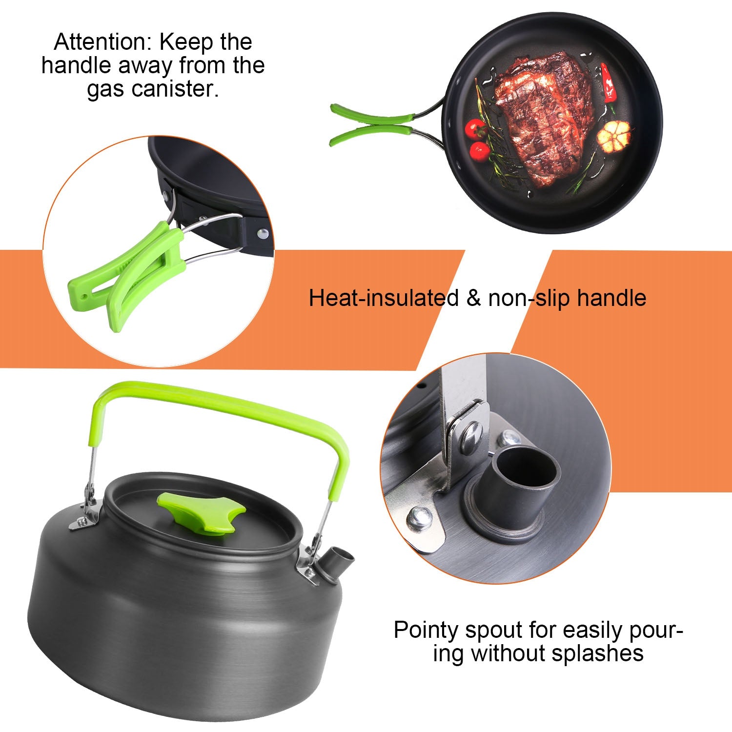 Heat-insulated kettle with green non-slip handle and pointed pour spout