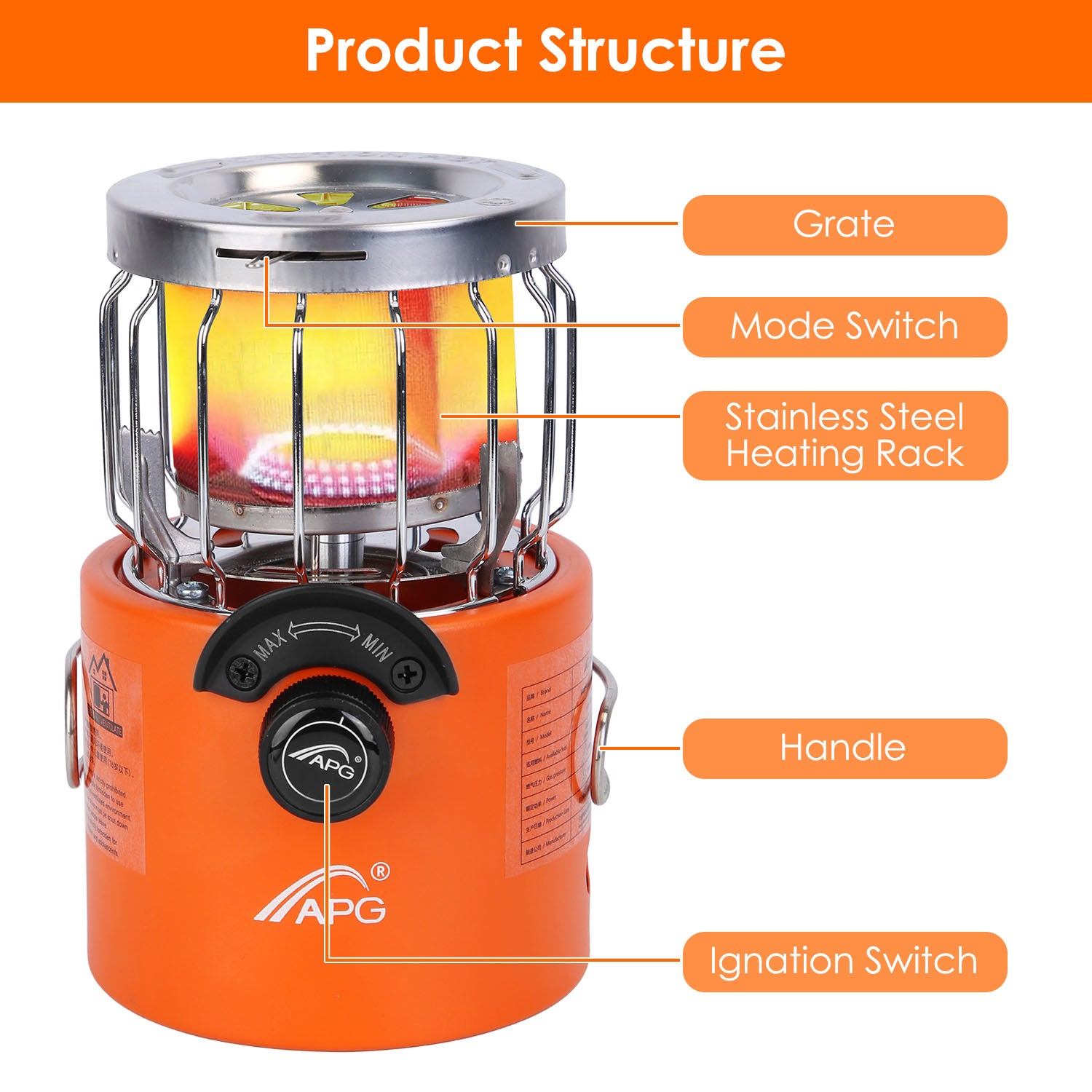 Orange outdoor gas stove and heater with stainless heating rack, grate, and control knob