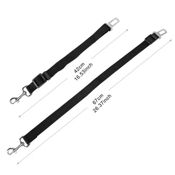 Black adjustable dog seat belt leash pair, showing strap lengths and metal hardware