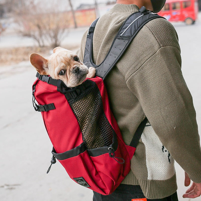 Red pet carrier backpack with black mesh side panel and adjustable harness-style straps