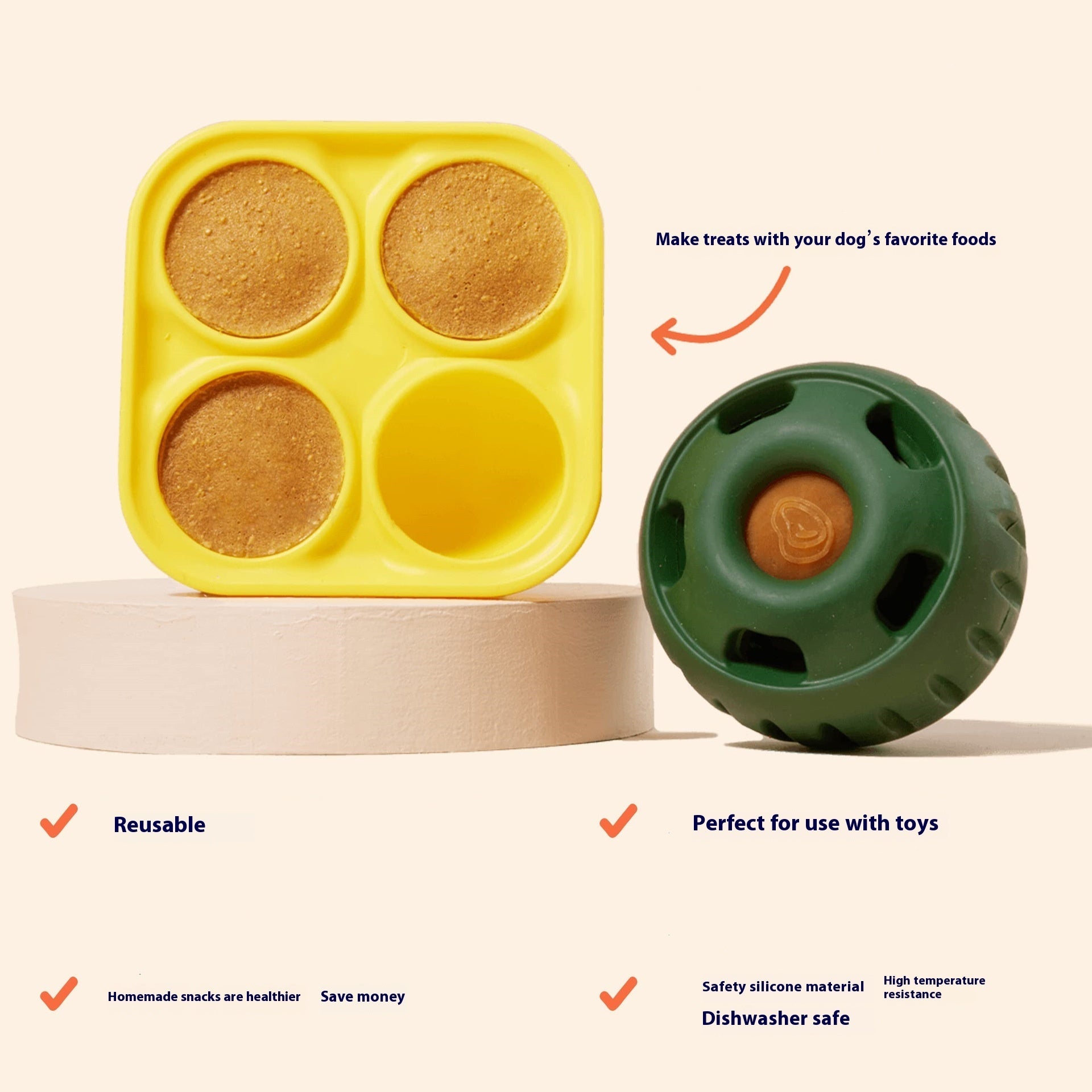 Yellow silicone slow feeder tray with food-filled wells and matching green slow feeder ball