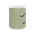 Green ceramic bee mug with black Pollinator Society text, partial side design