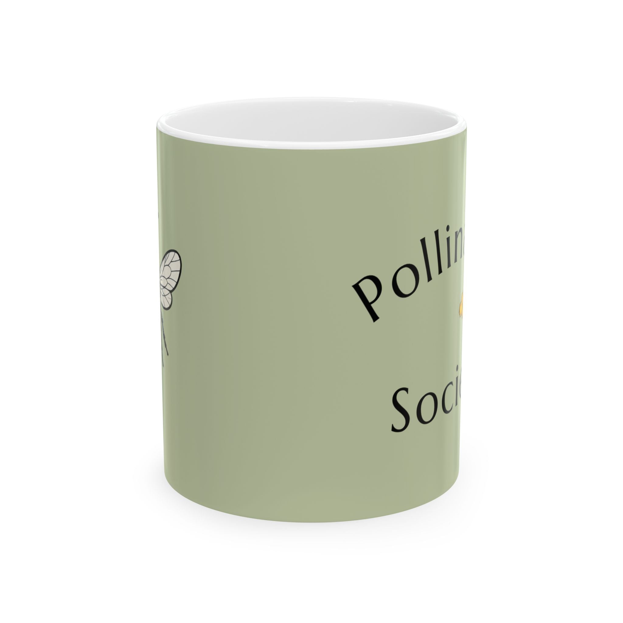 Green ceramic bee mug with black Pollinator Society text, partial side design