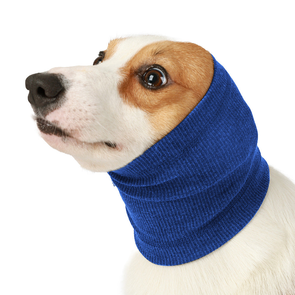 Royal blue dog headband scarf, ribbed knit, side view covering ears and neck