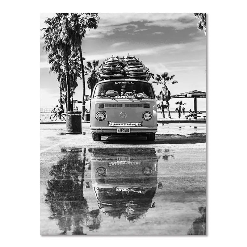 Black-and-white wall poster of a classic van front on wet street with reflection
