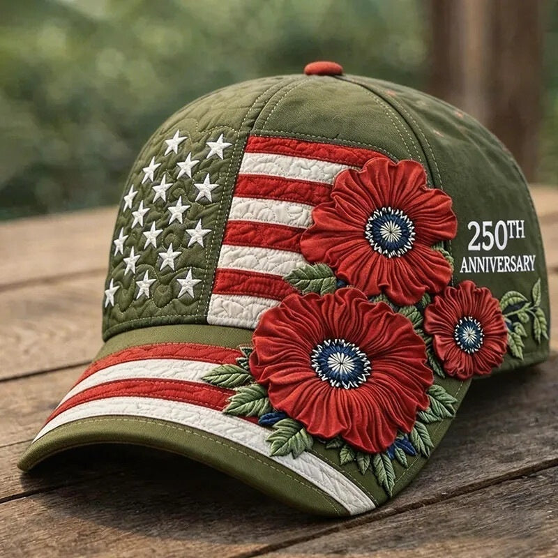 Olive green baseball cap with stars-and-stripes patch and red 3D floral embroidery, “250th Anniversary”
