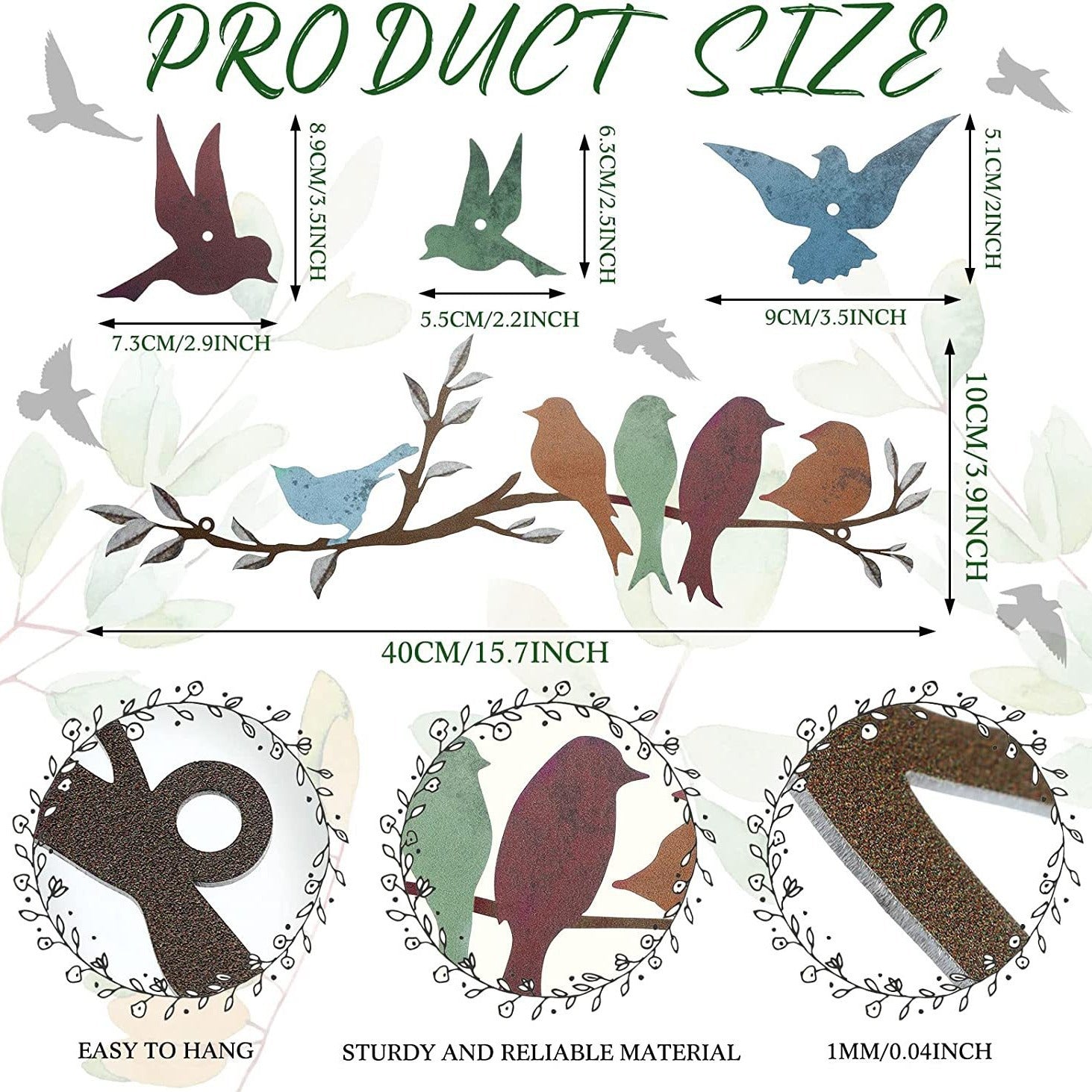 Bird branch wall decoration showing measurements with multicolor birds on twig branch