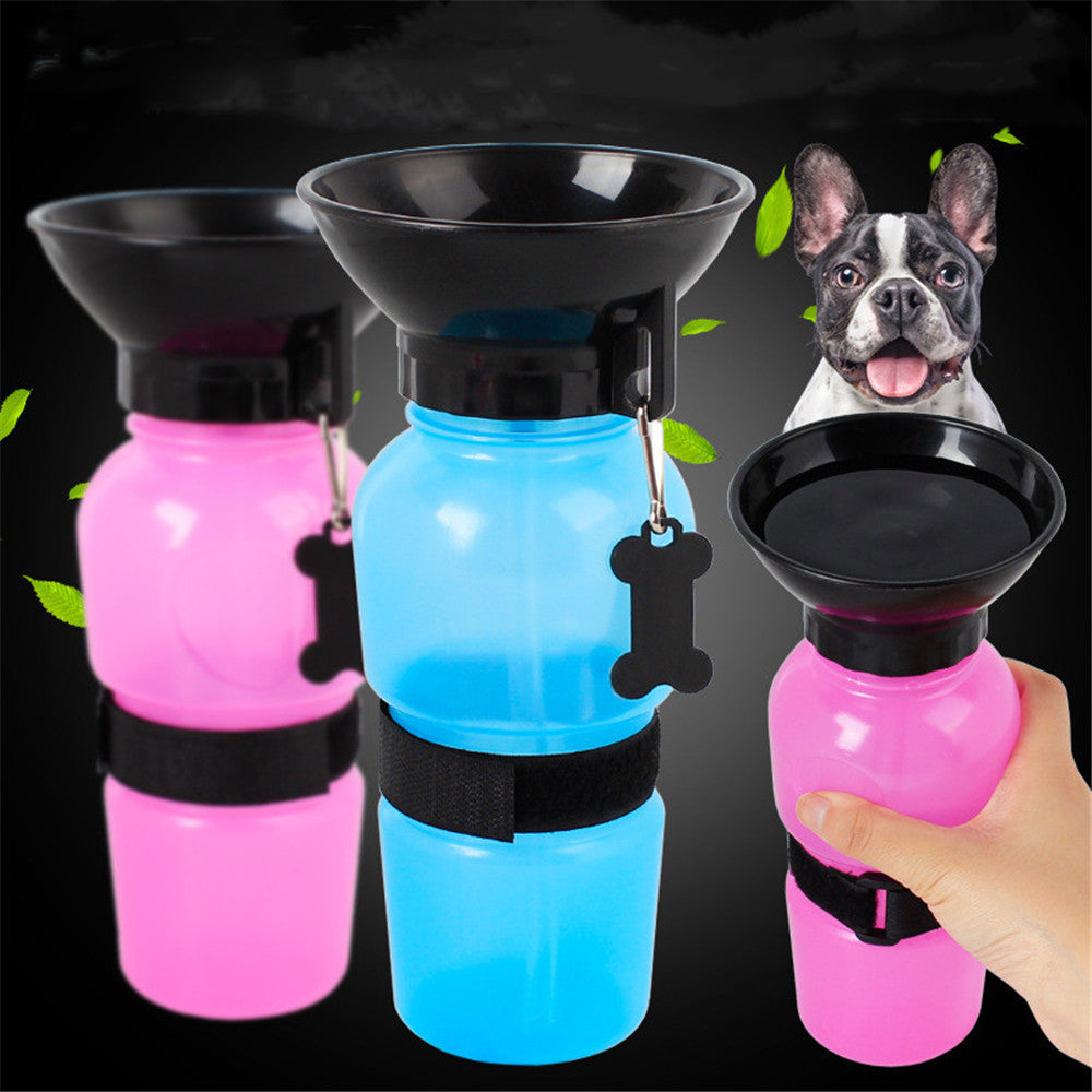 Portable pet water bottle with black bowls in pink, blue, and light pink colors with straps.