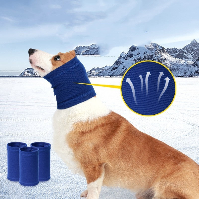 Blue dog headband scarf with ribbed knit covering ears and neck