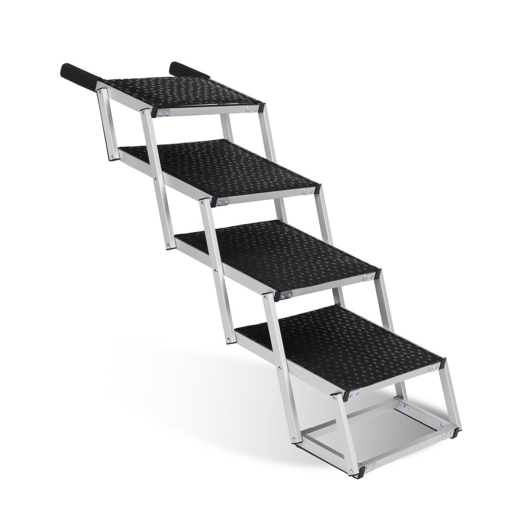 Four-step foldable dog ramp with black non-slip treads and silver side rails