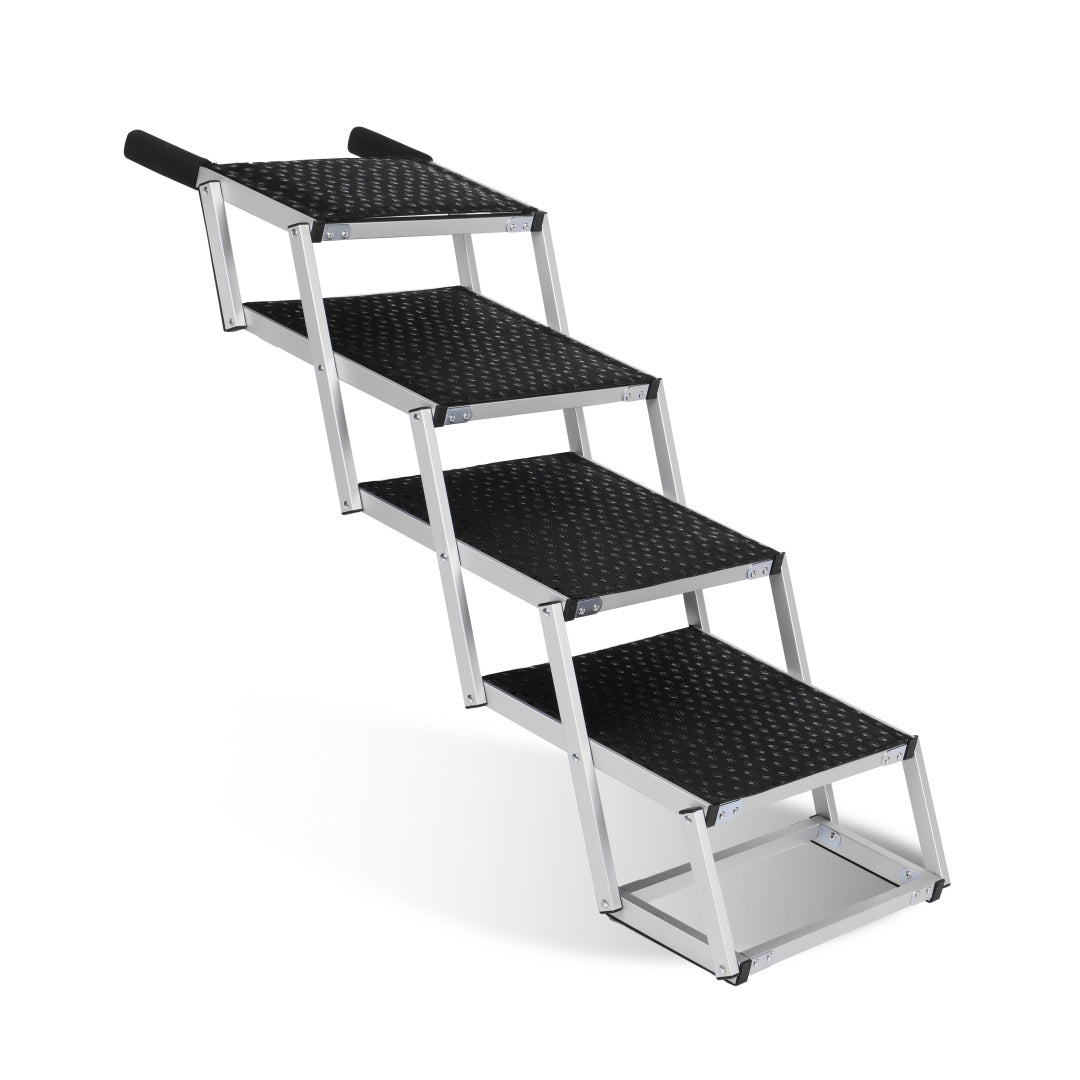 Four-step foldable dog ramp with black non-slip treads and silver side rails