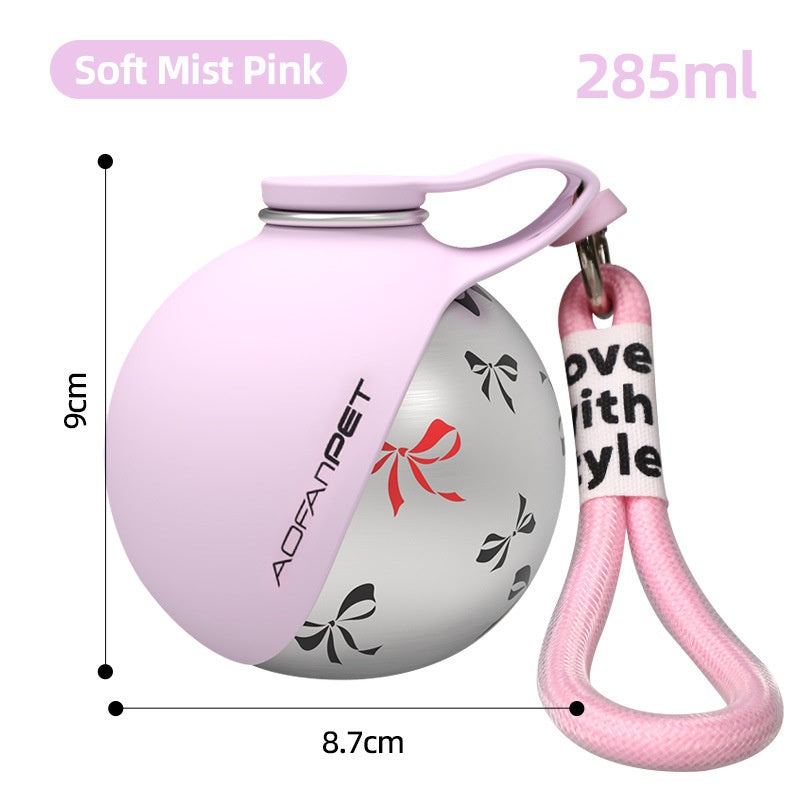 Soft mist pink stainless steel pet water cup with handle and waste bag dispenser, with size guide.