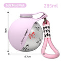 Soft mist pink stainless steel pet water cup with handle and waste bag dispenser, with size guide.