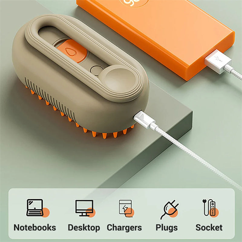 Milk brown pet grooming brush with orange bristle comb base and charging cable