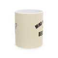 Beeswax ceramic mug, light cream with black “MIND YOUR OWN BEESWAX” text