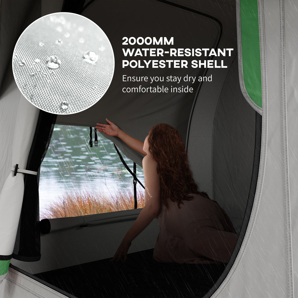 Gray and green car tent front opening with mesh window and person reaching inside