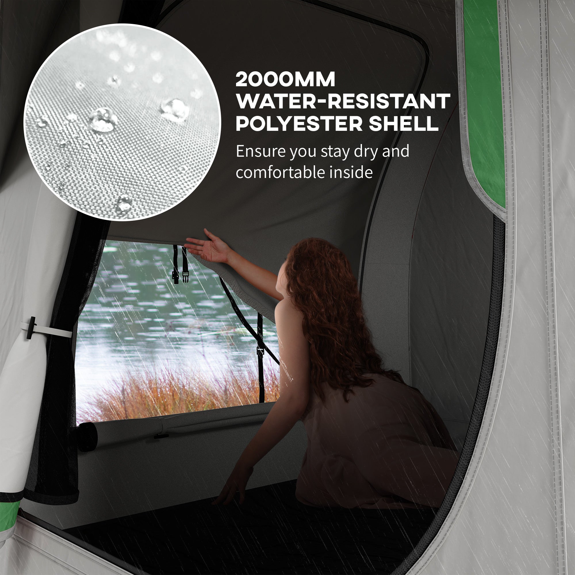 Gray and green car tent front opening with mesh window and person reaching inside