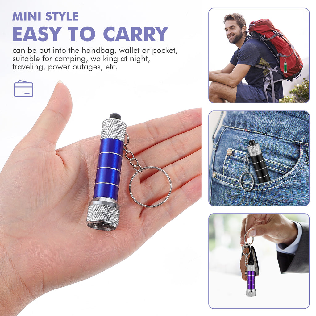 Blue mini LED keychain flashlight with silver textured body and keyring, in palm